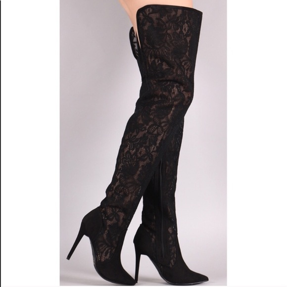 Shoes - Black Lace Otk Over the Knee Heel Boots Size 6